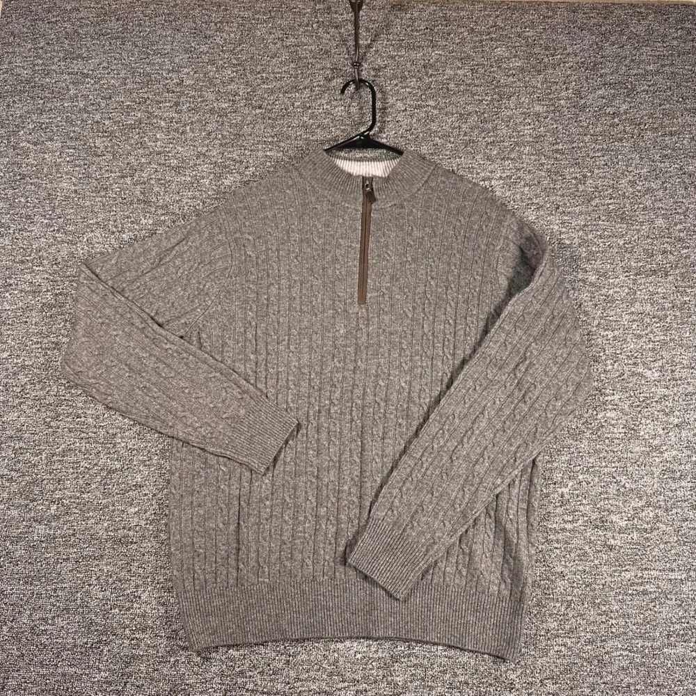 Peter Millar Crown Fleece Gray Wool Yak Cashmere Cable Knit 1/4 Zip Sweater L